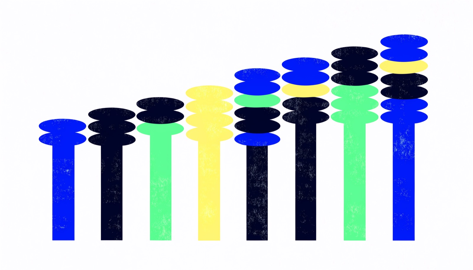 A row of vertical measurement bars whose tops resolve into stacks of flat discs