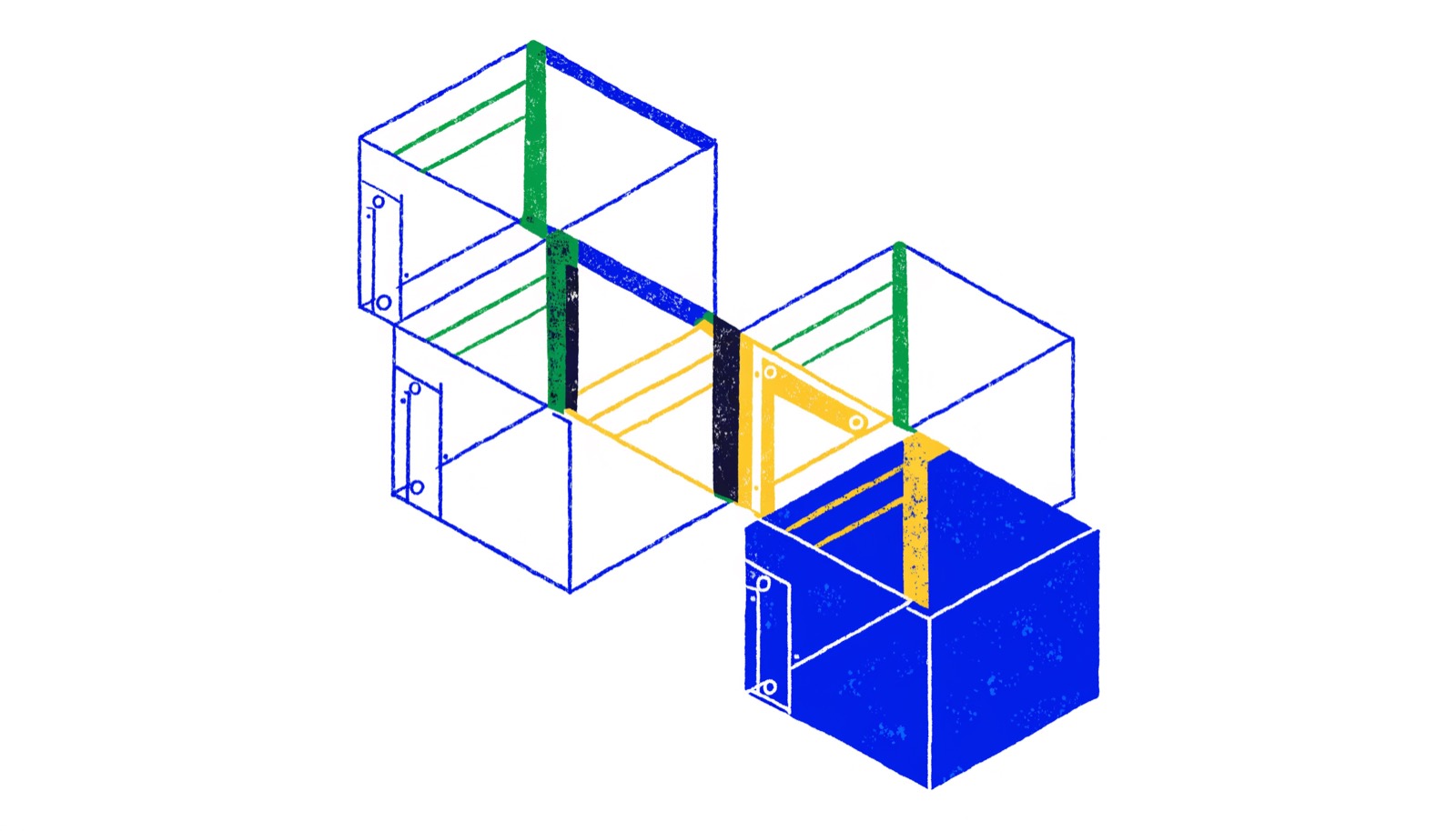 An isometric floor plan of five connected rectangular rooms, four outlined and one filled solid