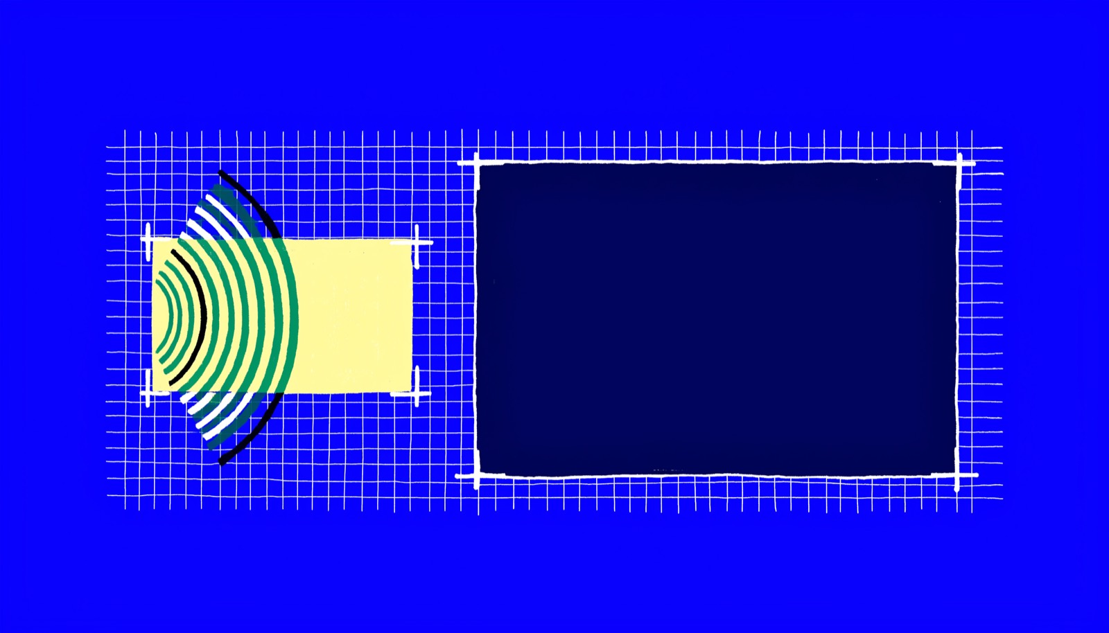 Two rectangles of unequal size on a measurement grid, the smaller one radiating concentric arcs while the larger sits inert