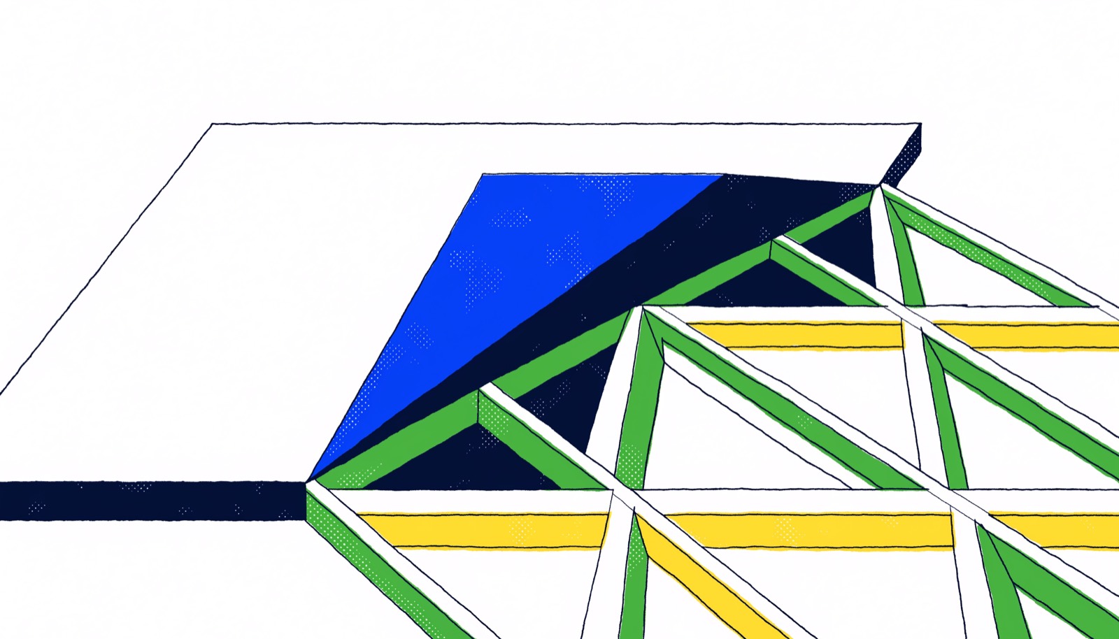 A flat decorative panel with one corner folded up, revealing a precise grid lattice of beams underneath