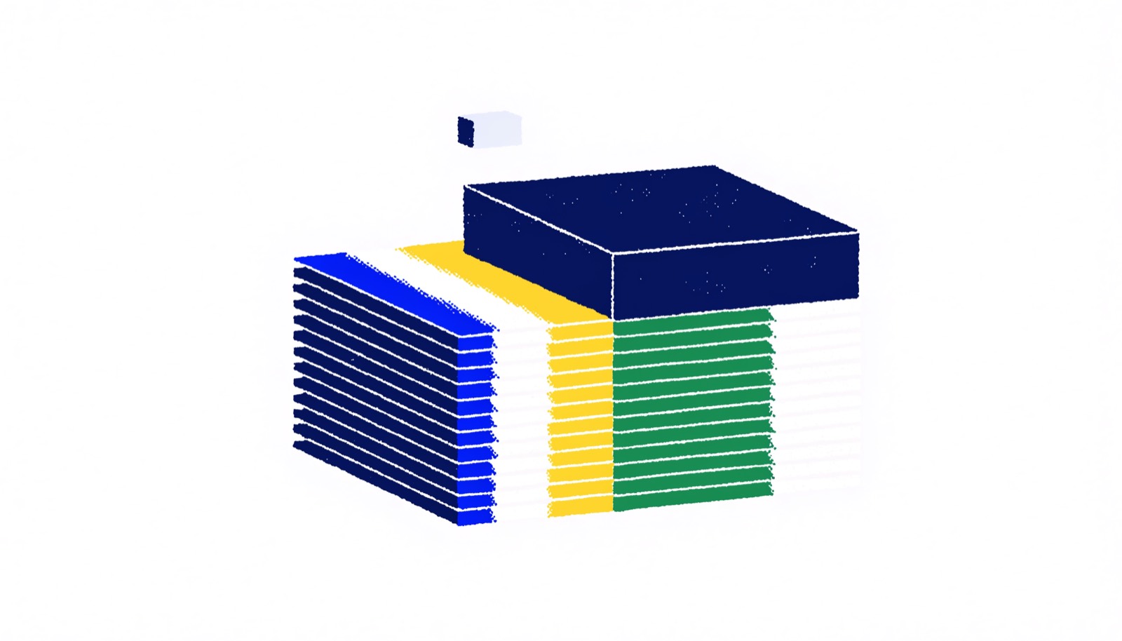 A heavy solid block compressing a stack of thin layers, one small light square floating free above it