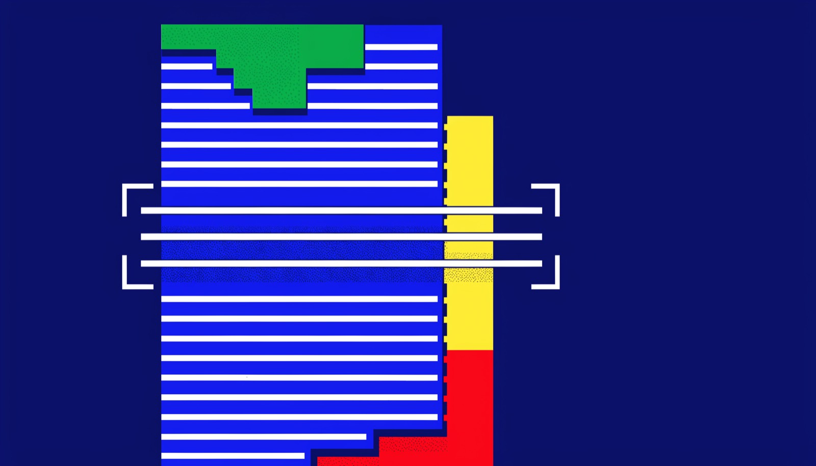 A page of horizontal rule lines traversed by a bracketed scanning frame, several lines lit and pulled forward