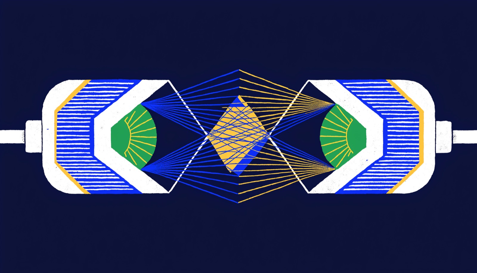 Two instrument apertures facing each other from opposite sides, reading the same central form, their fields of view overlapping