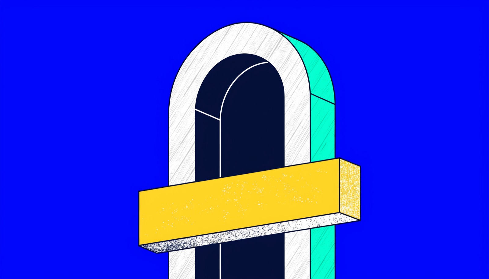 A tall rectangular archway with a heavy horizontal slab placed across its lower section, interrupting the opening